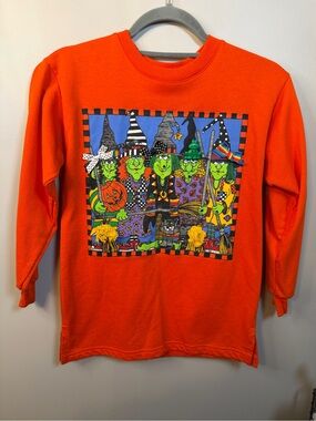 Vintage 99s Zoodles Orange Long-Sleeve Tee with Colorful Witch Graphic